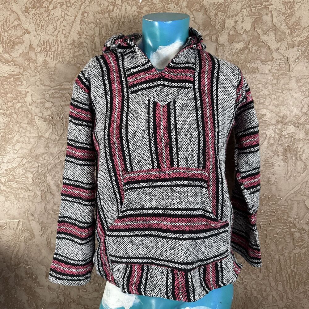 Iguana Jack Baja Rug Hoodie Jacket Small Black Pink Striped Mexican Pullover